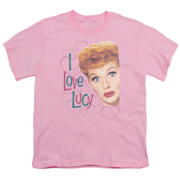 Pink youth t-shirt for ages 8 to 12 with I Love Lucy Open Hearts graphic