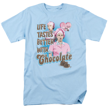 Light blue men's regular fit t-shirt with I Love Lucy Better With Chocolate graphic