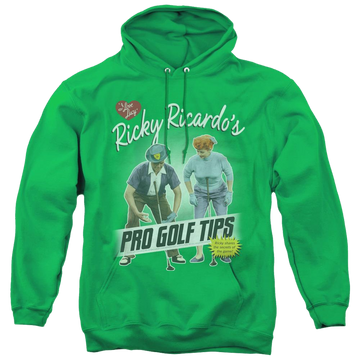 Kelly green pullover hoodie with I Love Lucy Pro Golf Tips graphic
