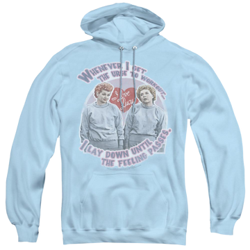 Light blue pullover hoodie with I Love Lucy Lucys Workout graphic