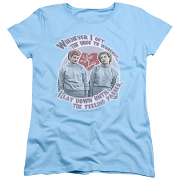 Light blue women's t-shirt with I Love Lucy Lucys Workout graphic
