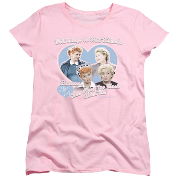 Pink women's t-shirt with I Love Lucy Always Best Friends graphic