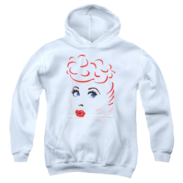 White youth hoodie for ages 8 to 12 with I Love Lucy Lines Face graphic