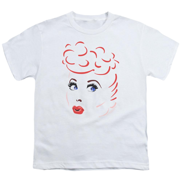 White youth t-shirt for ages 8 to 12 with I Love Lucy Lines Face graphic