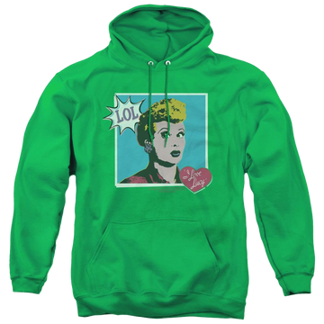 Kelly green pullover hoodie with I Love Lucy I Love Worhol Lol graphic