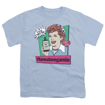 Light blue youth t-shirt for ages 8 to 12 with I Love Lucy Vita Comic graphic