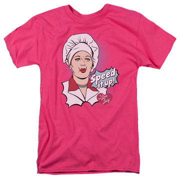 Hot pink men's regular fit t-shirt with I Love Lucy Speed It Up graphic