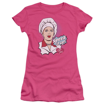 Hot pink juniors t-shirt with I Love Lucy Speed It Up graphic