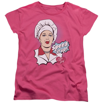 Hot pink women's t-shirt with I Love Lucy Speed It Up graphic
