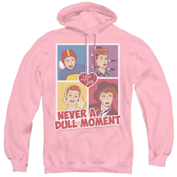 Pink pullover hoodie with I Love Lucy Panels graphic