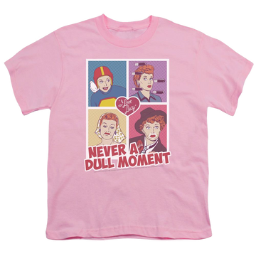 Pink youth t-shirt for ages 8 to 12 with I Love Lucy Panels graphic