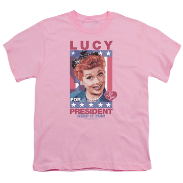 Pink youth t-shirt for ages 8 to 12 with I Love Lucy For President graphic