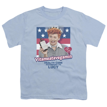 Light blue youth t-shirt for ages 8 to 12 with I Love Lucy Health Care graphic