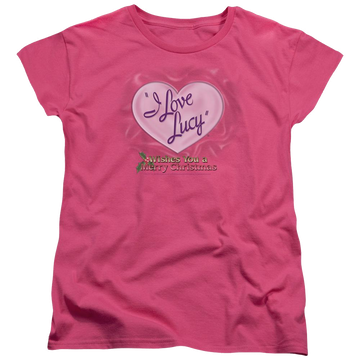 Hot pink women's t-shirt with I Love Lucy Christmas Logo graphic