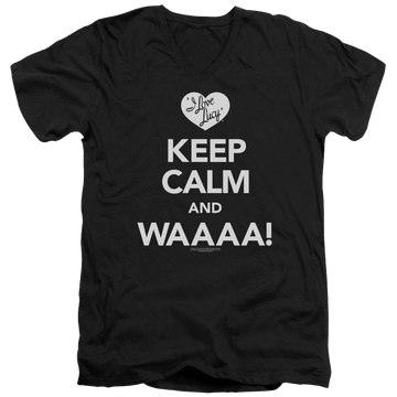 Black men's v-neck t-shirt with I Love Lucy Keep Calm Waaa graphic