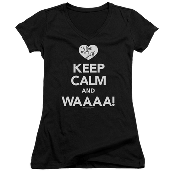Black juniors v-neck t-shirt with I Love Lucy Keep Calm Waaa graphic