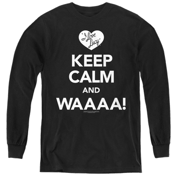Black youth long sleeve t-shirt with I Love Lucy Keep Calm Waaa graphic