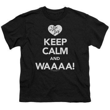 Black youth t-shirt for ages 8 to 12 with I Love Lucy Keep Calm Waaa graphic