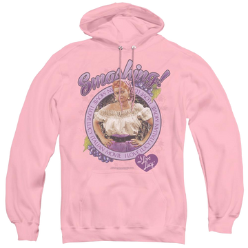 Pink pullover hoodie with I Love Lucy Smashing graphic