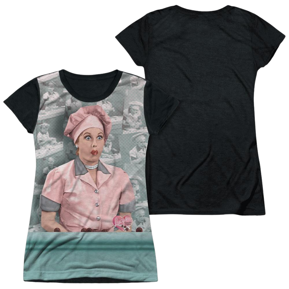 I Love Lucy Chocolate Belt Juniors Black Back T-Shirt Juniors Black Back T-Shirt I Love Lucy   