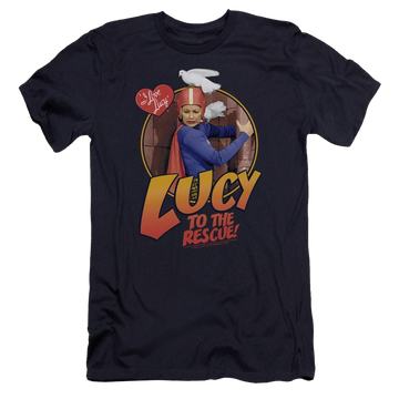Navy men's premium slim fit t-shirt with I Love Lucy To The Rescue graphic