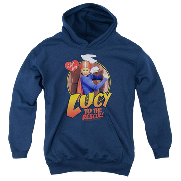 Navy youth hoodie for ages 8 to 12 with I Love Lucy To The Rescue graphic