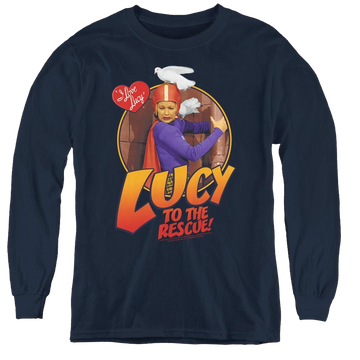 Navy youth long sleeve t-shirt with I Love Lucy To The Rescue graphic