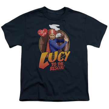 Navy youth t-shirt for ages 8 to 12 with I Love Lucy To The Rescue graphic
