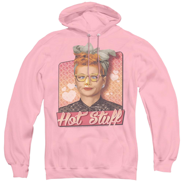 Pink pullover hoodie with I Love Lucy Hot Stuff graphic