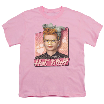 Pink youth t-shirt for ages 8 to 12 with I Love Lucy Hot Stuff graphic