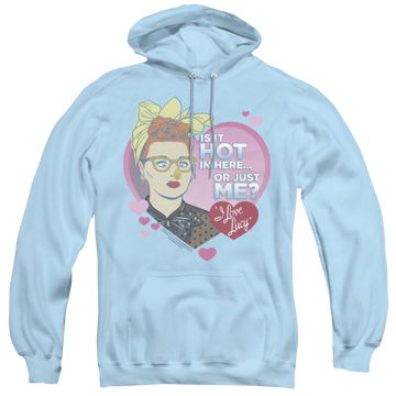 Light blue pullover hoodie with I Love Lucy Hot graphic