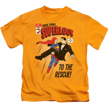 Gold kid's t-shirt for ages 4 to 7 with I Love Lucy Super Lucy graphic