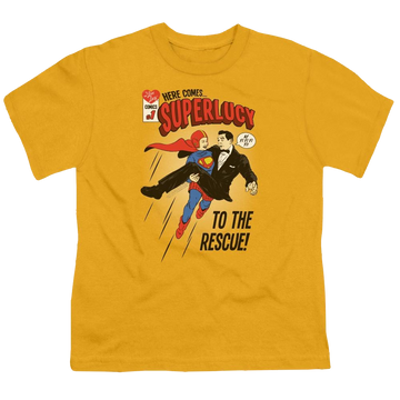 Gold youth t-shirt for ages 8 to 12 with I Love Lucy Super Lucy graphic