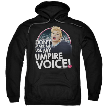 Black pullover hoodie with I Love Lucy Umpire graphic
