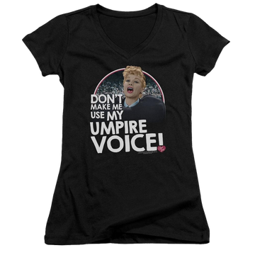 Black juniors v-neck t-shirt with I Love Lucy Umpire graphic