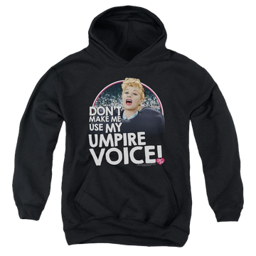 Black youth hoodie for ages 8 to 12 with I Love Lucy Umpire graphic