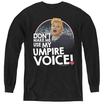 Black youth long sleeve t-shirt with I Love Lucy Umpire graphic