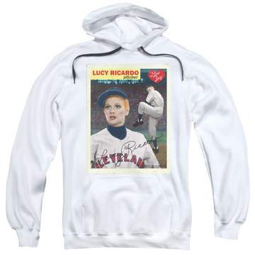 White pullover hoodie with I Love Lucy Trading Card graphic