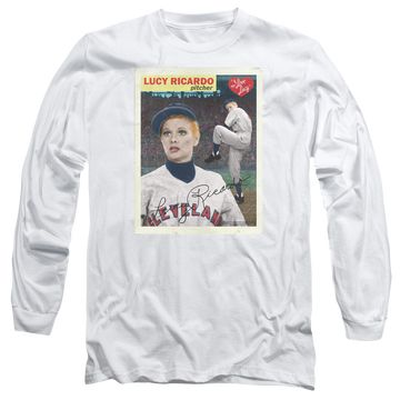 White men's long sleeve t-shirt with I Love Lucy Trading Card graphic