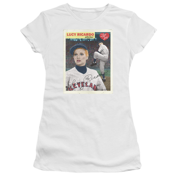 White juniors t-shirt with I Love Lucy Trading Card graphic