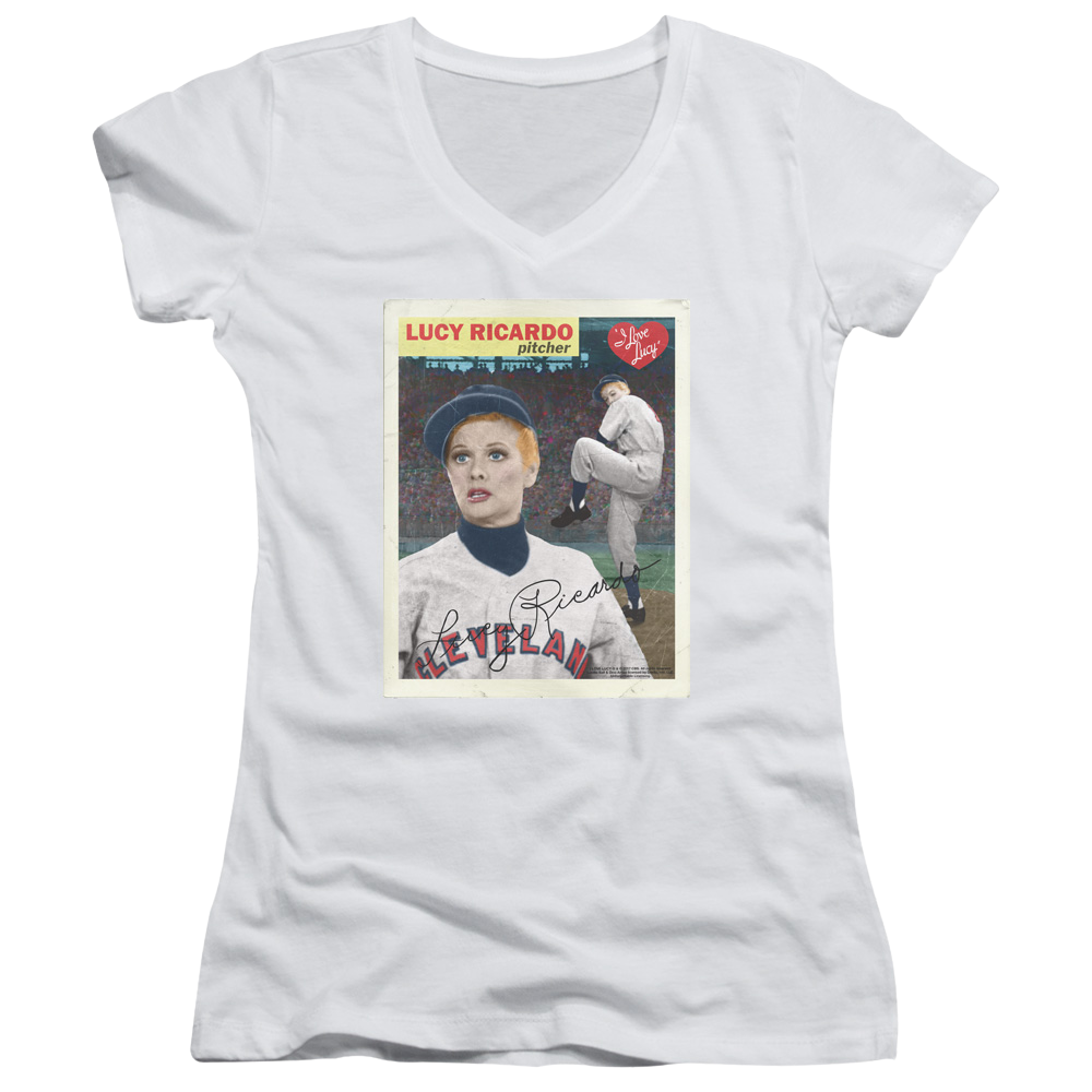 I Love Lucy Trading Card Juniors V-Neck T-Shirt Juniors V-Neck T-Shirt I Love Lucy   