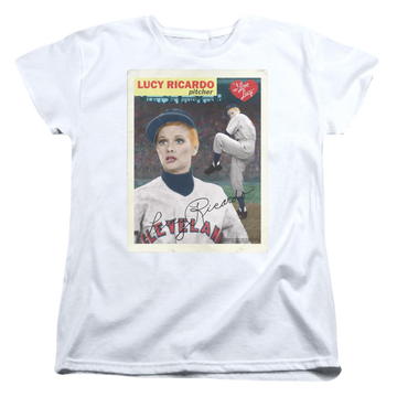 White women's t-shirt with I Love Lucy Trading Card graphic