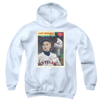 White youth hoodie for ages 8 to 12 with I Love Lucy Trading Card graphic