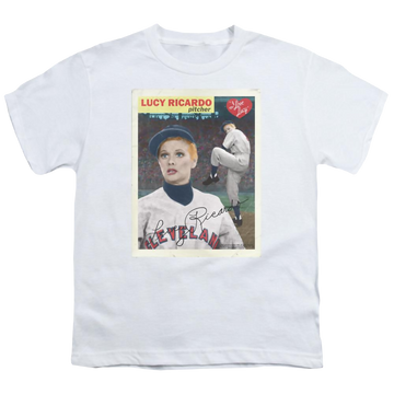 White youth t-shirt for ages 8 to 12 with I Love Lucy Trading Card graphic
