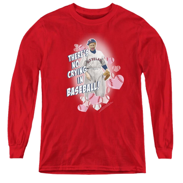 Red youth long sleeve t-shirt with I Love Lucy No Crying In Baseball graphic