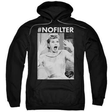 Black pullover hoodie with I Love Lucy No Filter graphic