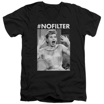 Black men's v-neck t-shirt with I Love Lucy No Filter graphic