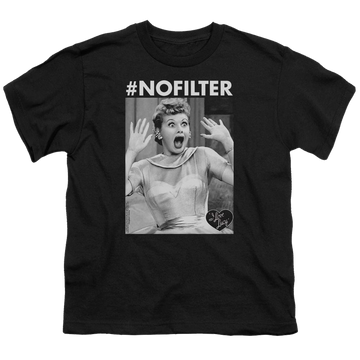 Black youth t-shirt for ages 8 to 12 with I Love Lucy No Filter graphic