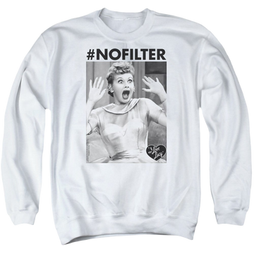 White men's crewneck sweatshirt with I Love Lucy No Filter graphic