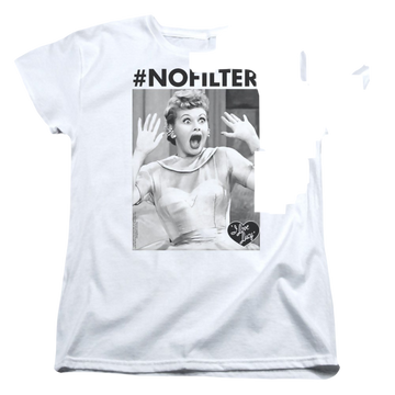 White women's t-shirt with I Love Lucy No Filter graphic
